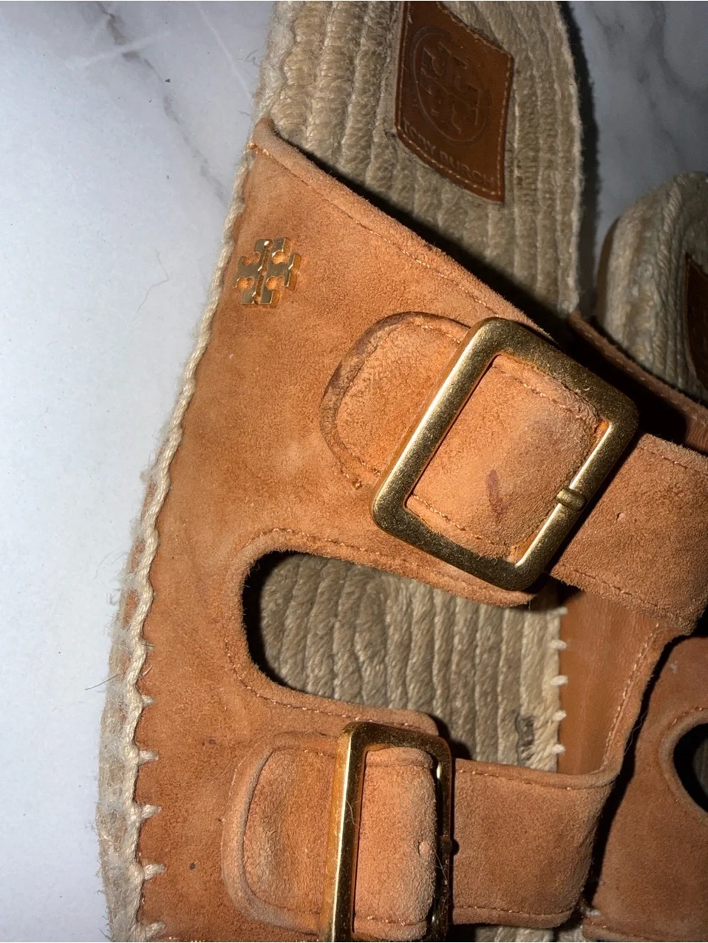 Tory Burch Tan Suede Double-Buckle Espadrille Slide Sandals